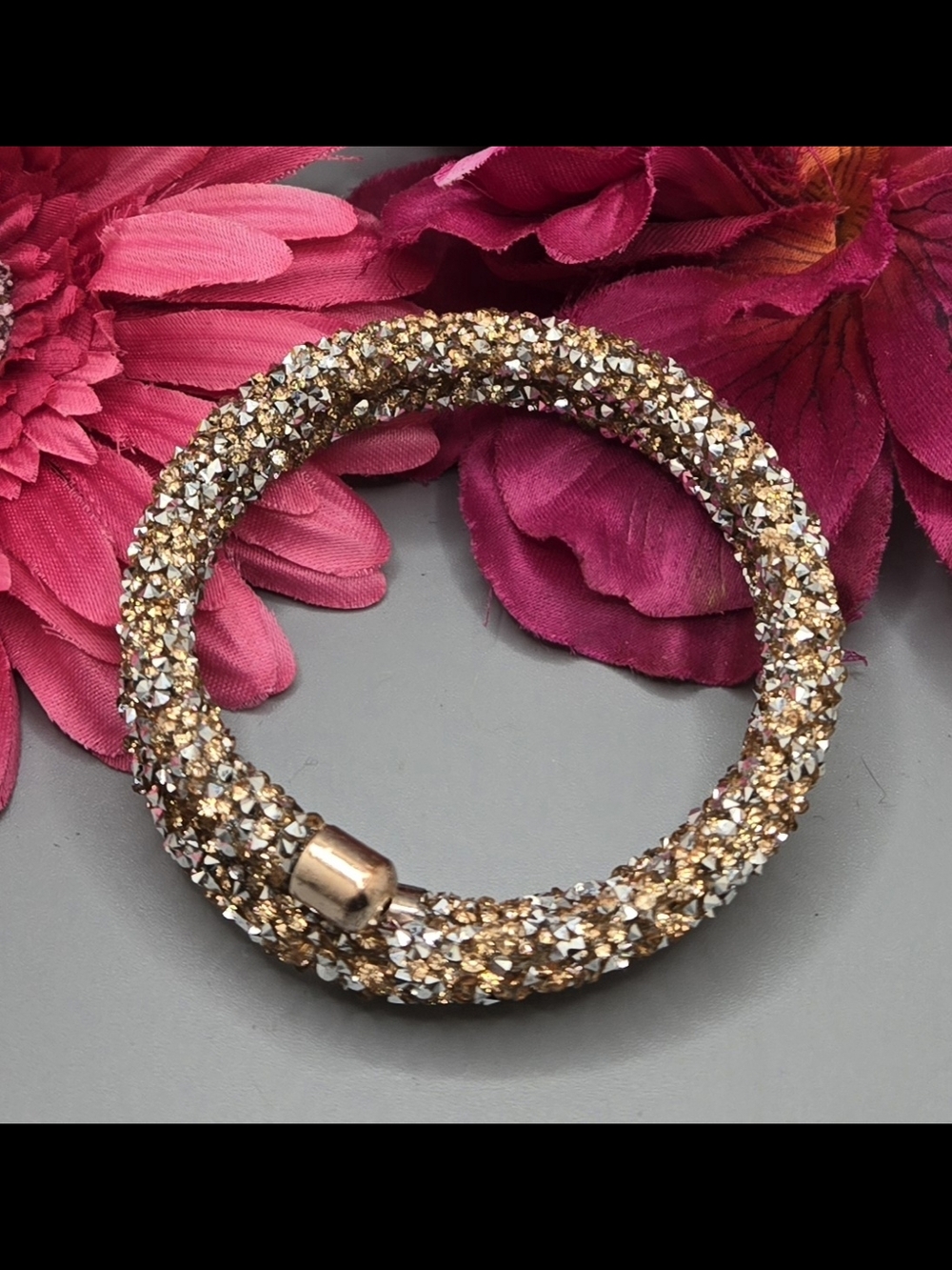 Memory Wire Wrap Bracelet Silver & Gold Tones Bicone Crystals Sz 6½ - 7